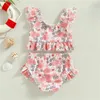 Bikini da bambina in due pezzi Set di fiori / testa di toro Gilet con maniche a mosca con slip elastico in vita Costume da bagno per la spiaggia estiva