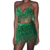 Two Piece Dress Womens Sexy Sequins Belly Dance Hip Scarf Tassel Fringe Mini Wrap Skirt and Glitter Sparkly Bikini Bra Top Rave Party Clubwear 230509