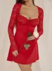 Abiti casual Sexy See Through Lace Women Dress Red Long Sleeve Square Collar Mini Female Spring Skinny Elegant Party Clubwear