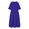 Vestidos de festa Cnlalaxury Spring Cotton Loose Midi Women Retro Manga curta Pocket Summer Robe Blue Casual Vestidos 230508