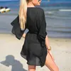 Kvinnors badkläder sexig sommarbikini täcker smock mode fast färg bandage hög midja cardigan strandklänning baddräkt 230508