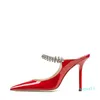 Women Pumps Sandals Trendy 100 mm Pointed Toe Slingback Crystal Ankle Strap Embellished Red Patent Leather