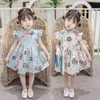Девушка платье девушки платье 2023 китайское стиль ретро-цветок лето принцесса по колену повседневную экипаж.