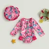 Costume da bagno bimba in due pezzi con volant a maniche lunghe con stampa fragola/floreale/fenicottero, cappello da sole