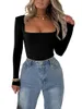 Damen T-Shirts Langarm Crop Top für Frauen Sexy Square Neck Slim Fit Casual Basic Solide Stretchy Tee