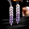 Boucles d'oreilles pendantes Atmosphère européenne et américaine Dîner Feuilles longues Gland S925 Argent Aiguille Couleur Violet Dégradé Zircon Oreille