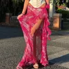 Skirts Bohemian Ruffles Split Long Summer Beach Holiday Bikini CoverUps Chic Women Vintage See Through Skirt Y2K Streetwear 230509