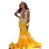 Luxury Yellow Prom Dresses 2023 Illusion Neck Crystal Cutway Graduation Party Gown Mermaid Black Girls Robe de Bal