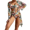 Biquíni de gado de banho de tamanho grande feminino Sexy Biquíni de três peças Floral estampado de maiô Floral Women Bikini Set Longsleeeved Concobres de praia PLUSSIMA