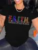 T-shirt Femme LW Plus Taille Tee Femmes Strass Faith Lettre Gradient Géométrique Imprimer Tshirt À Manches Courtes O Cou Mode Lady Vêtements J230506