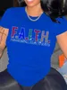 T-shirt Femme LW Plus Taille Tee Femmes Strass Faith Lettre Gradient Géométrique Imprimer Tshirt À Manches Courtes O Cou Mode Lady Vêtements J230506