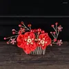 Hårklipp kinesiska röda brudkammar strasshandgjorda bröllopstillbehör garn blommig stil pärla kamkam för kvinnor