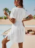 Casual Dresses Summer White Beach Dress Women Boho Mini Kvinnlig solid lös solskyddsmedel damer Sexig V Neck Pleaseted Short