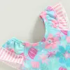 Two-Pieces Infant Baby Girl Swimsuits Ruffle Trim Floral Print Flying Sleeves Jumpsuit Swimwear Beachwear Bathing Suits