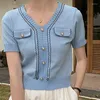 女性用TシャツTシャツ作物ニットシャツ女性の半袖ボタンVネックサマークロップトップTシャツ韓国ファッション衣料ティーフェム