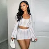 Work Dresses Women Knitted Sexy Y2K Outfits Crochet 2 Piece Sets Long Sleeve Hollow Out Crop Top High Waist Mini Skirts Matching Suit