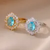 Bandringar Blue Zircon Flower Rings for Women Luxury Justerbar rostfritt stål Ring 2023 Trend New Design Wedding Esthetic Jewelry Anillo Z0509