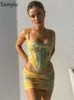 Dwuczęściowa sukienka Sampic Summer Print Backless Top i mini bodycon spódnica 2 -częściowa Kobiety Sexy Spaghetti Paski Uprowadź top spódniczka plaża 230509