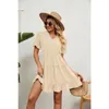 Casual jurken Woman V Neck Smocked High Tailed Dress Traid Summer Summer Sort Sleeve Mini Flowy Ruffle