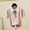 T-shirt da donna Camicia da donna con fiocco moda coreana Colletto rovesciato T-shirt lavorata a maglia T-shirt estiva manica corta da donna T-shirt stile dolce Abbigliamento donna