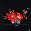 Hårklipp kinesiska röda brudkammar strasshandgjorda bröllopstillbehör garn blommig stil pärla kamkam för kvinnor