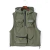 Men's Vests Army Green/Black Casual Men's Cargo Vest Fashion Man Hooded Sleeveless Multi Pockets Jacket Hoodies Waistcoat Streetwear