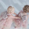 Flickklänningar 2023 Fashion Party Dress Princess Pink Puff Sleeves Children Mesh Tutu Tonåring Luxury Big Bow Clothing