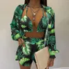 Tracksuits voor dames dames sexy gewas driedelige tropische print ballon mouw shirt en shorts zomer deksel zwempakken met jeugd