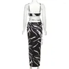 Work Dresses BKLD 2023 Summer Clothes Fashion Printed Spaghetti Strap Crop Top Hollow Out Slim Long Skirt 2 Piece Sets Women Outfit