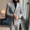 Men's Suits Blazers Fashion Double Breasted Mens Suits 2 Pieces Wedding Tuxedos Vintage Fit Formal Man Suit Groom Wear Tweed JacketPants 230509