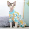 Kläder kattkläder för Sphinx Spring Cartoon Printed Cat Pyjamas Kleding Devon Hairless Cost Costen Kitten Pullover Shirt Jumpsuit