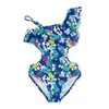 swimwear Cute Girls' One Piece Ruffled Bikini Green Flower Children's Swimwear 2023 New Beach Suit P230602