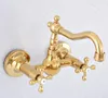 Bathroom Sink Faucets Dual Cross Handles Wall Mounted Gold Color Brass Kitchen Basin Swivel Faucet Mixer Tap Nsf617