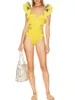 Costume da bagno da donna Moda Giallo Tinta unita Costume da bagno intero da donna Pizzo Vita pieghettata Scavato Bikini per vacanze giovanili e nappa