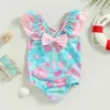 Two-Pieces Infant Baby Girl Swimsuits Ruffle Trim Floral Print Flying Sleeves Jumpsuit Swimwear Beachwear Bathing Suits