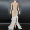 Vestidos de festa prata brilhante Big Featherransparent Long Night Birthday Celebro Costume Luxuoso Dançarino Flashing 230508