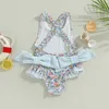 Tweedelige stukjes schattige Backless Kids Baby Girls Summer Swimsuit Bikini Peuter mouwloze kruisbloemprint Bowknot Ruffle Bathing Suit zwemkleding