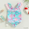 Two-Pieces Infant Baby Girl Swimsuits Ruffle Trim Floral Print Flying Sleeves Jumpsuit Swimwear Beachwear Bathing Suits