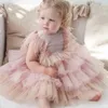 Flickklänningar 2023 Fashion Party Dress Princess Pink Puff Sleeves Children Mesh Tutu Tonåring Luxury Big Bow Clothing