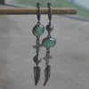 Dangle Earrings Long Green Stone Hip Hop Punk Ethnic Metal Silver Color Cross Feather Drop For Women Fashion Jewelry