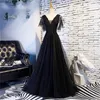 Long Sweety Formal Evening Dresses Black Deep V-Neck Sequins Appliques Sexy Backless Tulle A-Line Lace-up Plus Size Prom Party Gowns 05