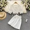 Work Dresses Fashion Lace-up Hook Flower Suit Women's Summer Short-sleeved Short Single-breasted Top High-waisted Skirt Two-piece Trendy