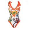 Kvinnors badkläder Kvinnor Badkläder Orange Floral Print Baddräkt Kvinnor 2023 Fashion Brasiliansk Bowknot Holiday Designer Badning Suit Beach Cover Up Tankini