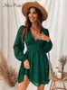 Robes décontractées MISS PETAL Plunge A-Line Mini Dress Femme Vert Sexy À Manches Longues Robe De Soirée Printemps Automne Femme Robe D'été 230508