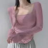 レディースTシャツスクエアカラーシャツ女性ネジスレッドコットン長袖Tシャツクロップトップ韓国スタイルの女性服Tシャムスプリング