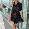 Casual Dresses Elegant Hollow Solid Lace Dress Summer Short Sleeve Lace-Up Party Mini Dress Women Stand Collar Single Breasted Shirt Dress 230509