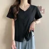 Women's T Shirts XL-4XL Large Size Cotton T-shirts Women Summer Ins Simple Split Short-sleeve Oversize Tops V-neck Single Breasted Tshirt