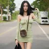 Casual jurken Lygens Spring Summer Lange Mouw Strapless Sexy Slim Ruched Mini Dress Streetwear Party Vakantie VAARDAG VRAGNAAR KLEREN