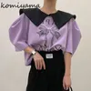 여성 Tshirt Komiyama 히트 컬러 라거 라펠 Y2K 옷 퍼프 짧은 소매 상단 여름 티셔츠 달콤한 활 편지 인쇄 티 230509