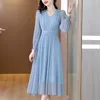 Casual Dresses Blue Silk Long-Sleeved Dress For Spring Summer Women 2023 High-Mulberry Mesh Stitching Shows Thin And Long